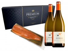 "Neusje van de Zalm", royale gerookte zijdezalm (1000 gram) met 2 flessen Meursault La Barre Dessus-Clos Marguerite